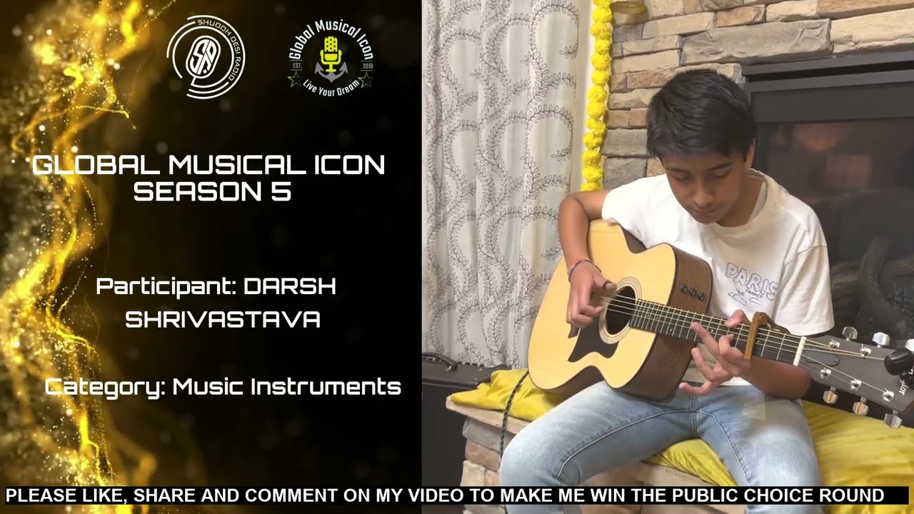 A younger Darsh playing acoustic guitar in his Global Musical Icon competition video.